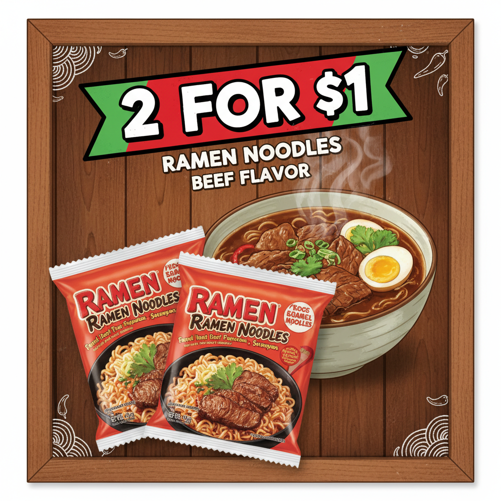 Ramen Noodles Beef 2 X $1